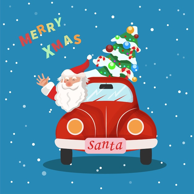 Vector santa claus is driving a christmas tree by car. cute postcard for a holiday in a flat style