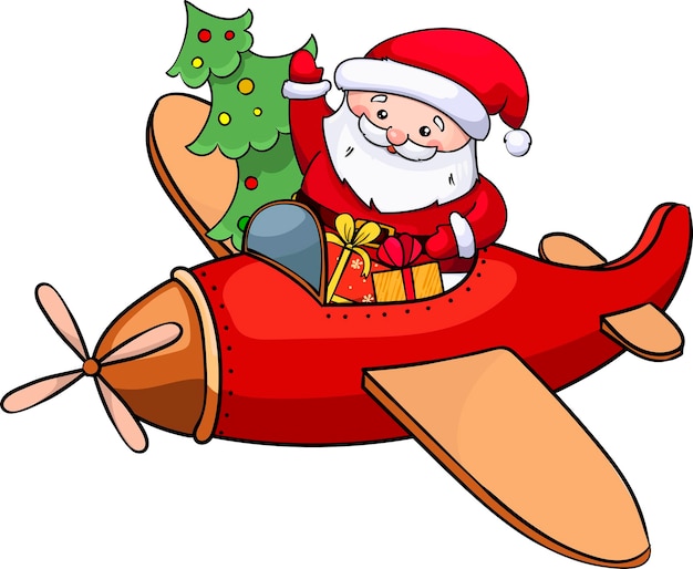 Babbo natale sta volando su un aeroplano rosso con dei regali