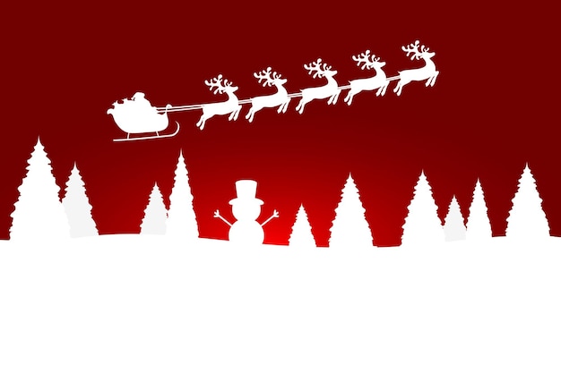 Santa Claus is flying with a reindeer team in the forest with Christmas trees and a snowman