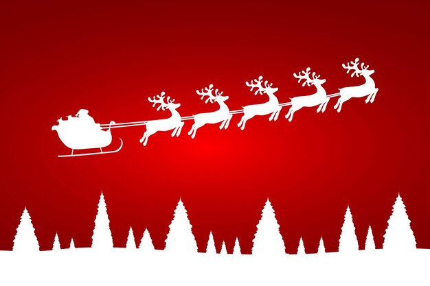 Vector santa claus is flying with a reindeer team in the forest with christmas trees