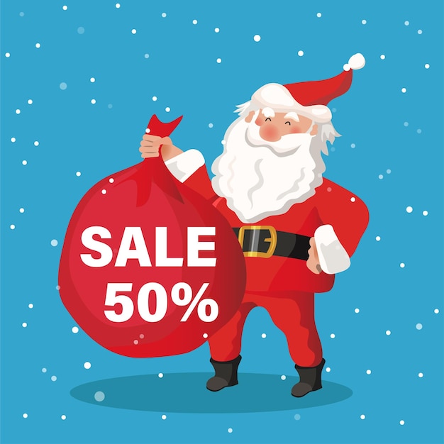 Vector santa claus is holding a bag with gifts on which is written 50 discount. 
cheerful flat style.