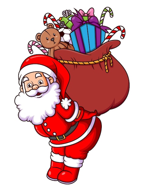 The santa claus is holding the big christmas gift for the children