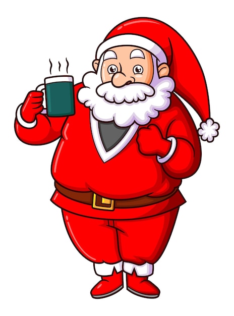 The santa claus is holding the hot chocolate and giving the thumb up in the christmas day