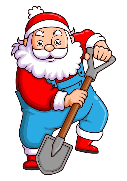 The santa claus is holding the shovel for harvest the plant in the garden