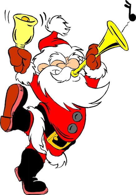 산타 클로스는 색소폰을 연주하고 있습니다. 재미있는 만화 handdrawn 만화 벡터 일러스트 레이 션