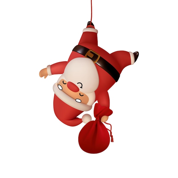 Santa claus is tied by rope with his leg with bag of gifts in his hands. realistic 3d character compatible doodle emoji elements on face. isolated on white background for xmas festive design. vector