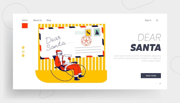 Santa claus landing page template. christmas character in red costume sitting in rocking chair reading letters from children front of huge envelope with xmas postage stamps. linear vector illustration