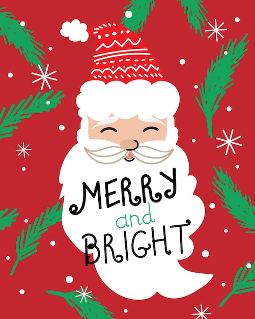 Дед Мороз и надпись Merry and Bright на бороде. Векторная иллюстрация, стиль каракулей