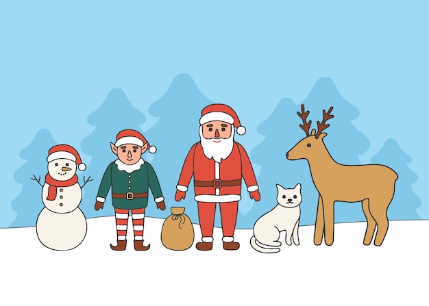 산타 클로스 작은 엘프 눈사람 고양이와 사슴 캐릭터 세트. 겨울 휴가에 손으로 그린 캐릭터