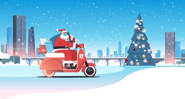 Santa claus in mask driving scooter delivering gifts merry christmas happy new year holidays celebration concept winter cityscape background horizontal vector illustration