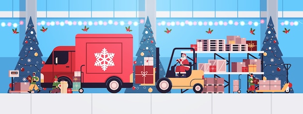 Vector santa claus in mask forklift truck loading colorful gifts in lorry truck merry christmas happy new year express delivery concept horizontal vector illustration