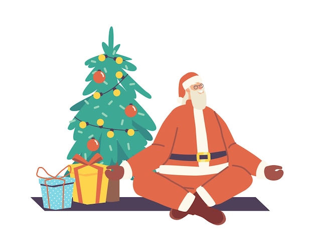 산타 클로스는 로터스 요가 포즈에 앉아 주위 선물과 함께 크리스마스 트리에서 명상. 겨울 휴가 명상, 건강한 캐릭터 편안한 자세, 고립된 크리스마스 마스코트. 만화 벡터 일러스트 레이 션