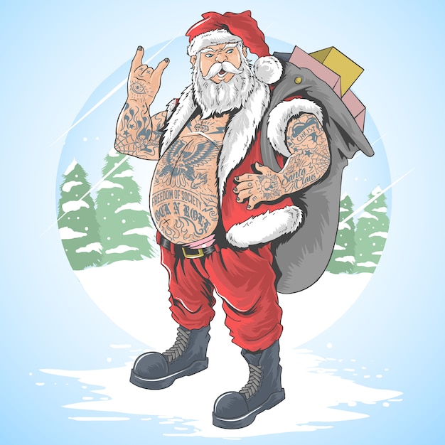 Santa claus merry christmas tattoo full body vector illustration