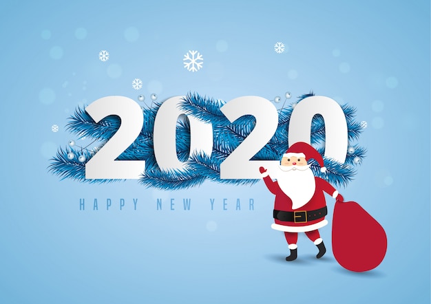 Santa claus met een enorme zak op de wandeling naar de giften van leveringskerstmis bij sneeuwval.2020 en de gelukkige van letters voorziende illustratie van de jaartekst.