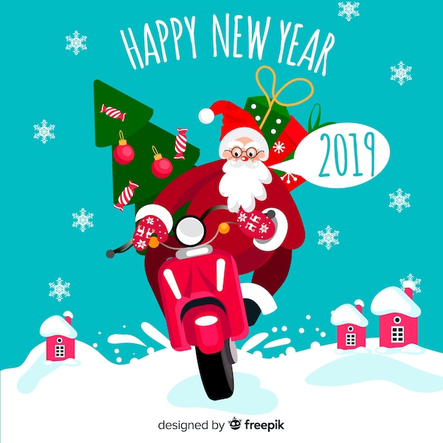 Vector santa claus motorcycle new year background