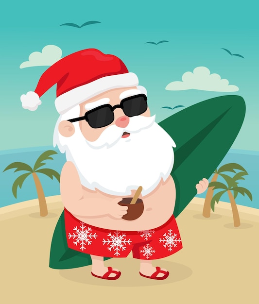 Санта-клаус в отпуске в купальнике на пляже рождественская иллюстрация каникул зимой