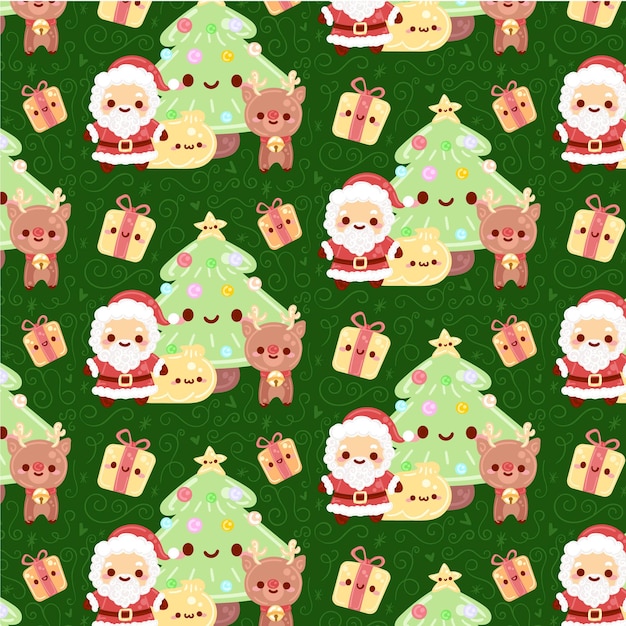 Santa Claus papa Noel Christmas tree rudolf the reindeer and kawaii presents pattern background