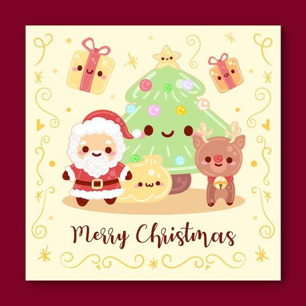 Vector santa claus papa noel christmas tree and rudolf the reindeer merry christmas card background