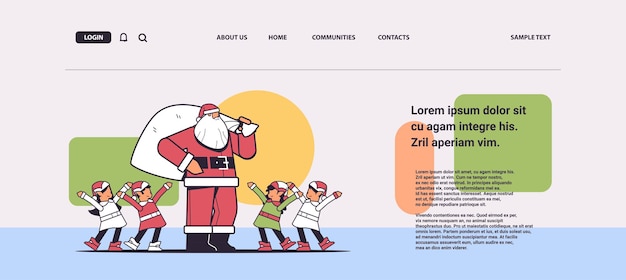 santa claus permanent met mix race elven in uniform gelukkig nieuwjaar vrolijk kerstfeest vakantie viering wenskaart horizontale kopie ruimte lineaire vectorillustratie