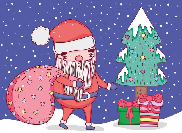 Santa claus and pine tree with presents