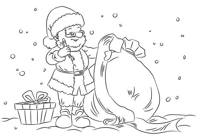 Santa Claus and presents Christmas coloring page for kids