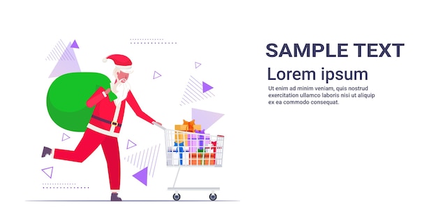 Babbo natale che spinge il carrello del carrello con il regalo presente scatole natale vendita vacanze celebrazione concetto di shopping