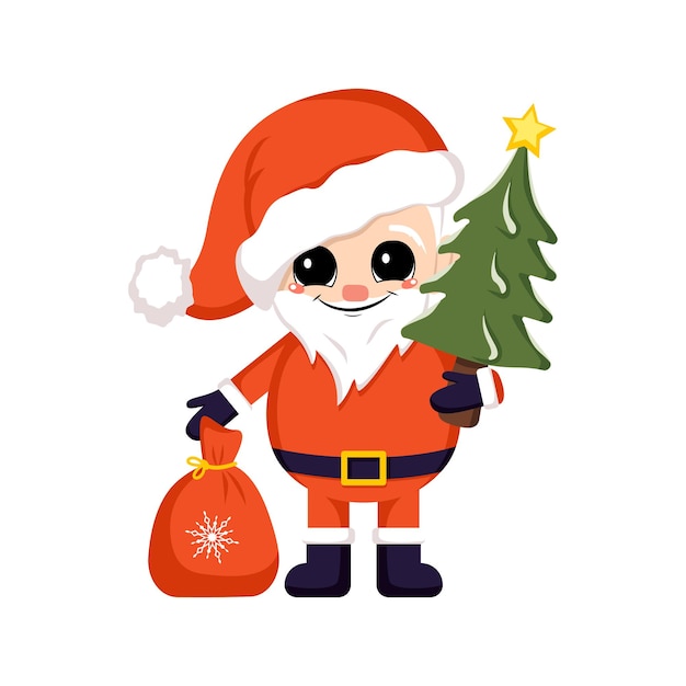 Santa claus in red costume and hat with bag of gifts and christmas tree with star symbol of new year...