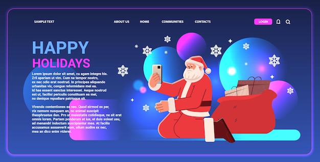 Santa claus in red costume kneeling on floor and using cell phone happy new year merry christmas holidays celebration concept