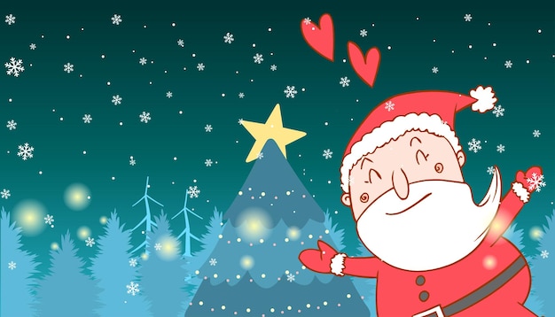 Santa Claus in a red dress among the trees and the Christmas tree on a green background