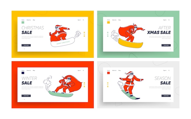 Santa claus in red festive costume perform stunts on snowboard landing page template set. christmas characters with gift bags snowboarding sport activity, recreation. linear vector illustration, icons