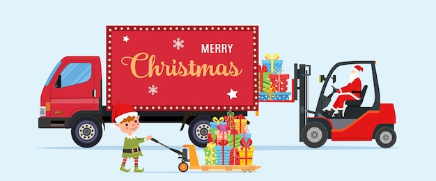 Santa Claus in Red Forklift Loaded with Pile of Gift Boxes and Truck Christmas Presents Delivery and Shipping Pallet jack full of gift boxes New Year and Xmas Vector illustration in flat style