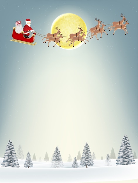 Santa claus reindeer on christmas winter forest