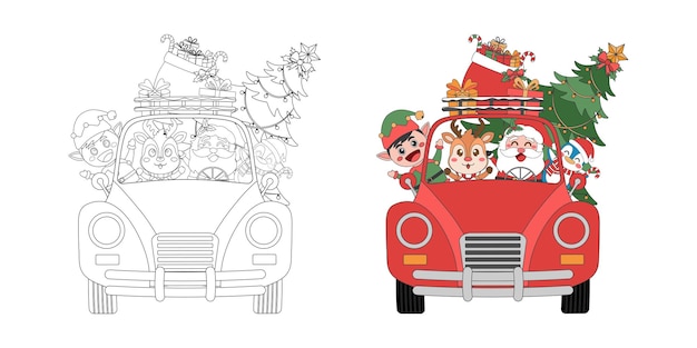 Santa Claus reindeer elf with Christmas tree on Christmas truck Christmas theme line art doodle cartoon illustration Coloring book for kids Merry Christmas