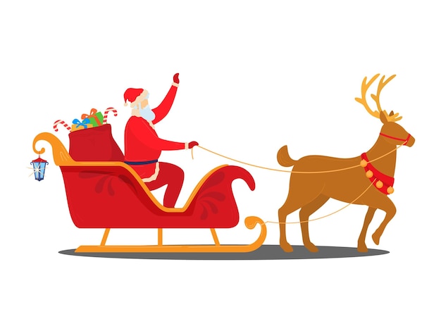 Vector santa claus on reindeer sleg carries with gifts to children vector illustration isolated on white