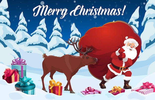 Vector santa claus and reindeer with christmas gift bag