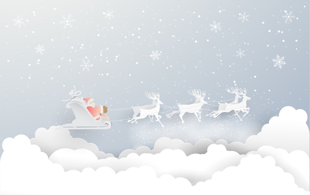 Санта-клаус и олени над облаком