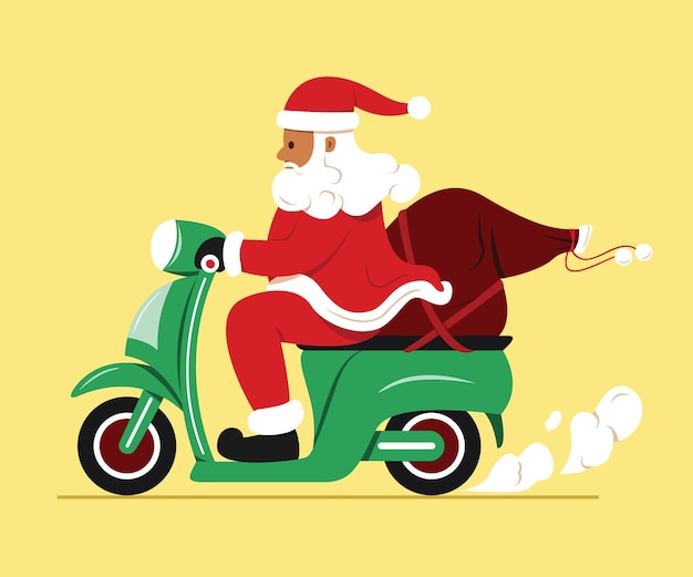 Il babbo natale guida una moto con un sacco di regali.