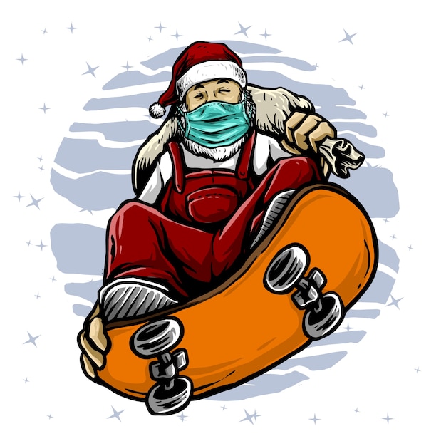 Lo skateboard di giro di babbo natale indossa un mascheratore nell'illustrazione della pandemia di virus