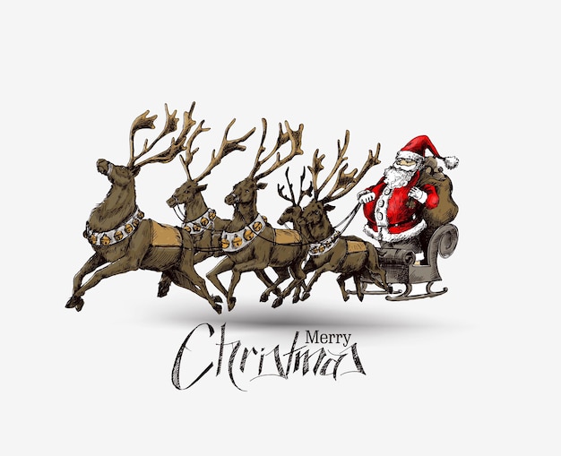 Santa claus rides reindeer sleigh flying vector design.