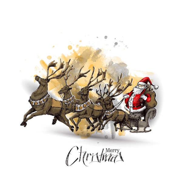 Santa claus rides reindeer sleigh flying vector design.