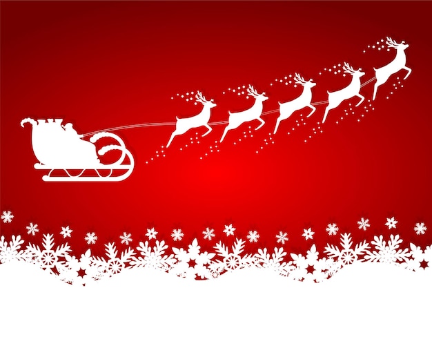 Santa Claus rides in a sleigh reindeer on red background with snowflakes