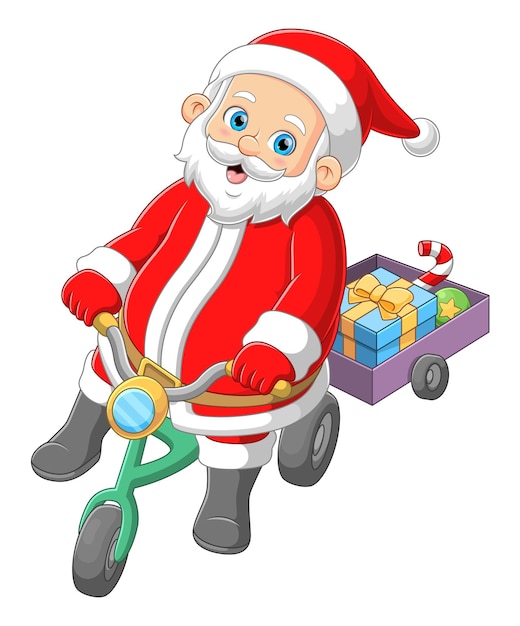 Santa claus riding bicycle and delivery christmas gift