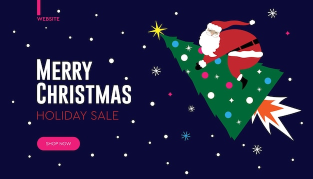 Santa Claus riding on a Christmas-tree. Web banner for Christmas shopping, sale, delivery. Vector