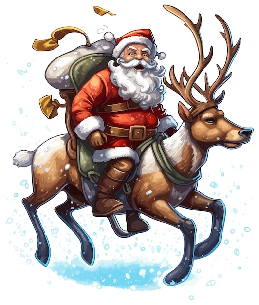Vector santa claus riding a deer illustration on white background