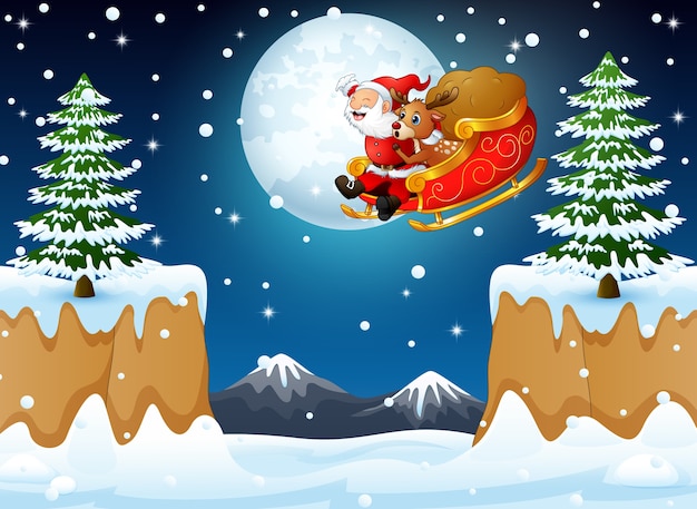 Санта-Клаус едет на санях, летящих над холмом