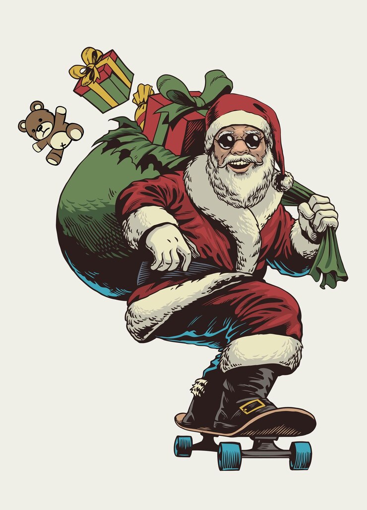 वेक्टर santa claus riding skateboard carry many gift box in vintage hand drawn