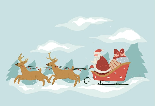 santa claus riding sleigh with reindeers and gifts