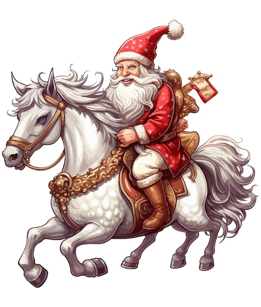 Santa Claus riding a unicorn on white background