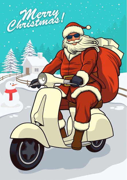 Santa Claus Riding Vintage Cooter with snowy background for greeting card