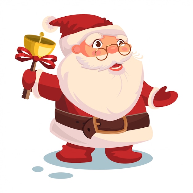 Santa claus ringing a bell. vector christmas cartoon character isolated